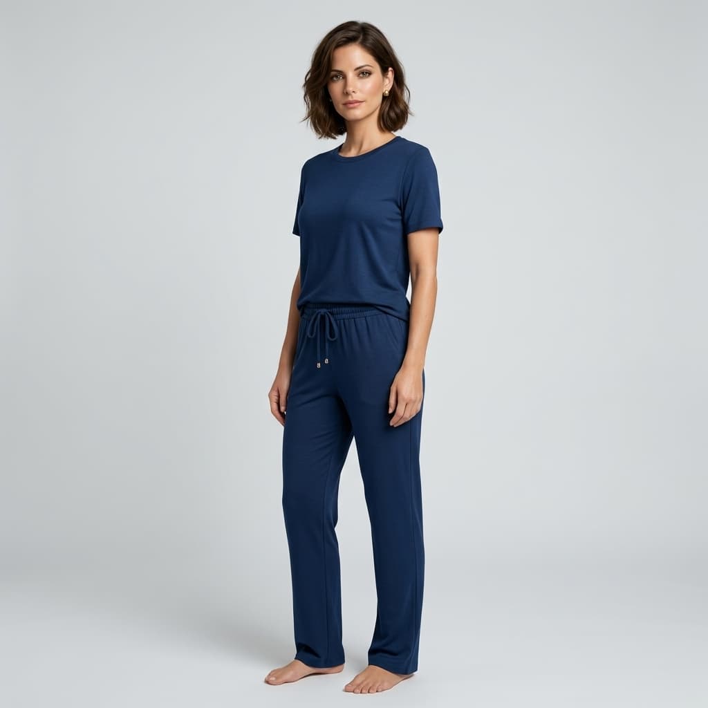 Musa 001 vestindo conjunto azul Navy em viscose Lore Liso 230g - Hooke Femme